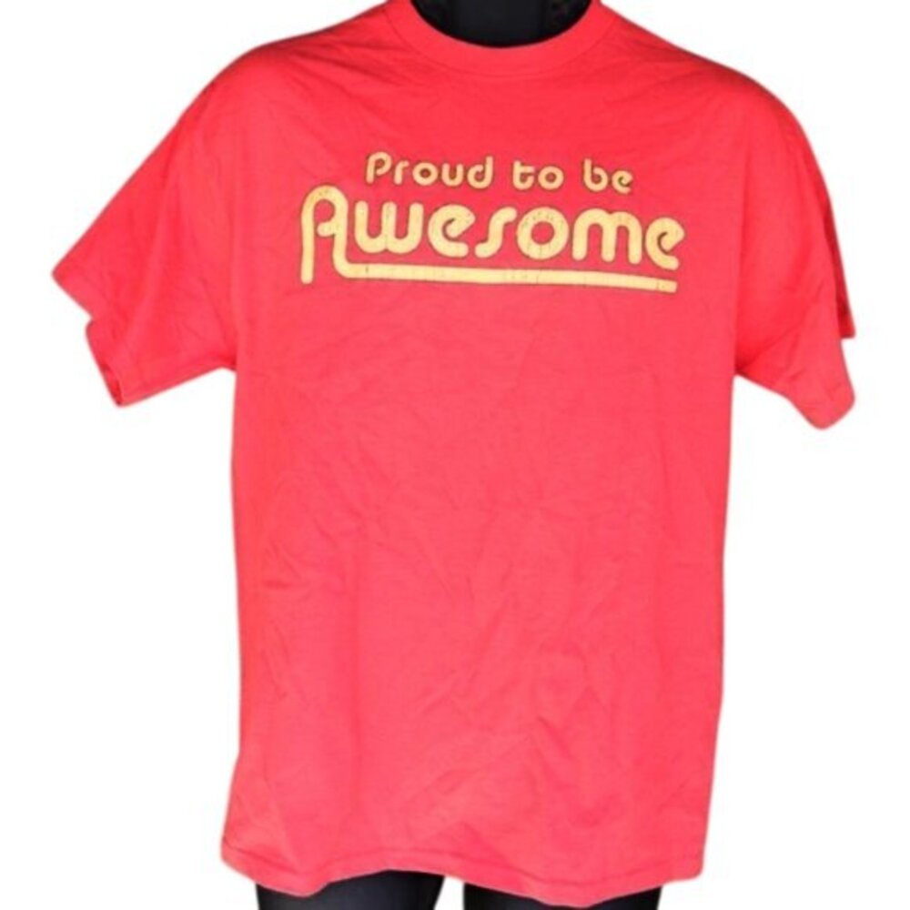 PROUD TO BE AWESOME Tee, M, True Red/Yellow Text, Short sleeve, Novelty, Cotton